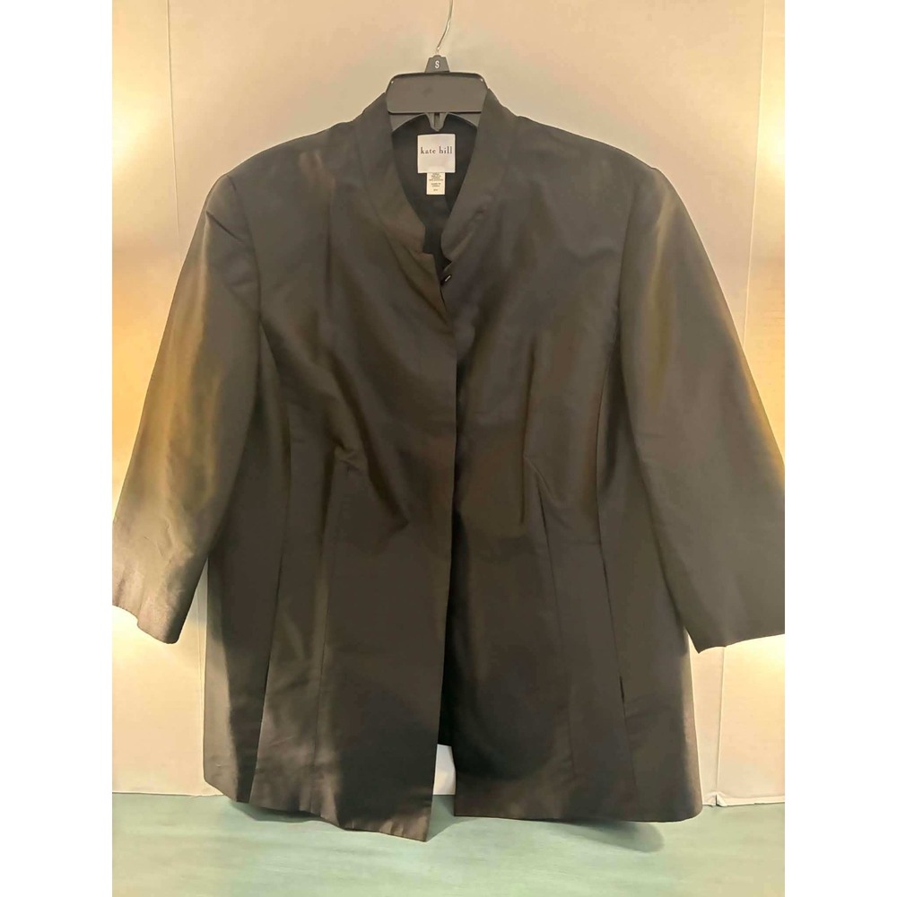 Kate Hill Womens 14W Black 100%‎ Silk Blazer Stand Collar 3/4 Sleeve Jacket
